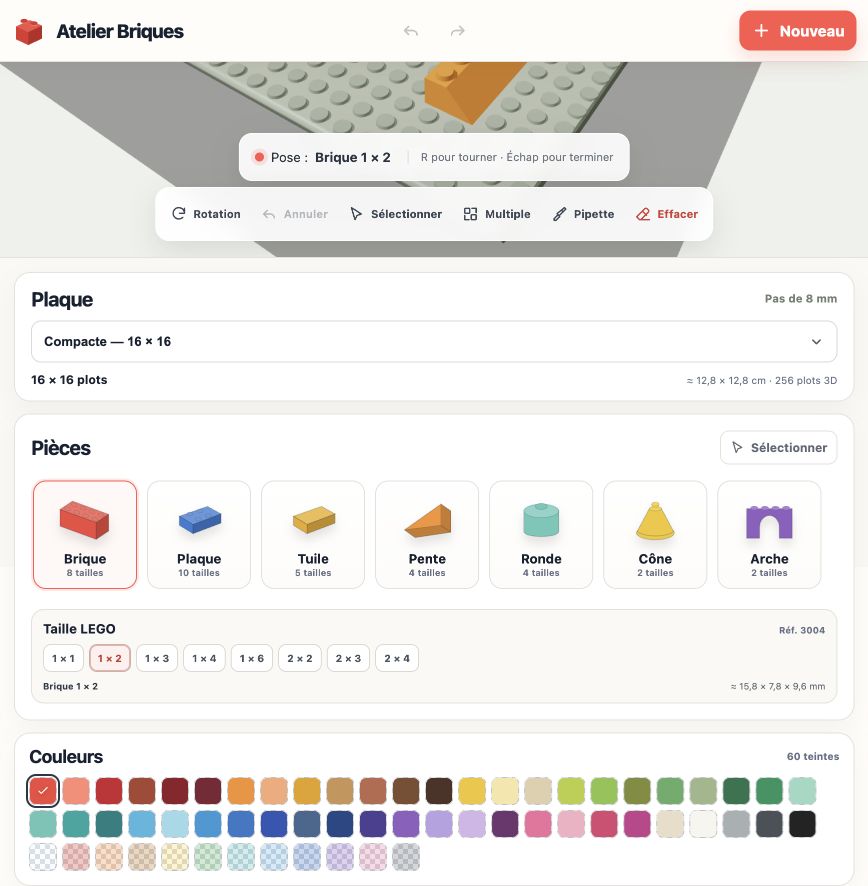 Atelier Briques ouvert sur ordinateur avec le plateau 3D et les outils de construction
