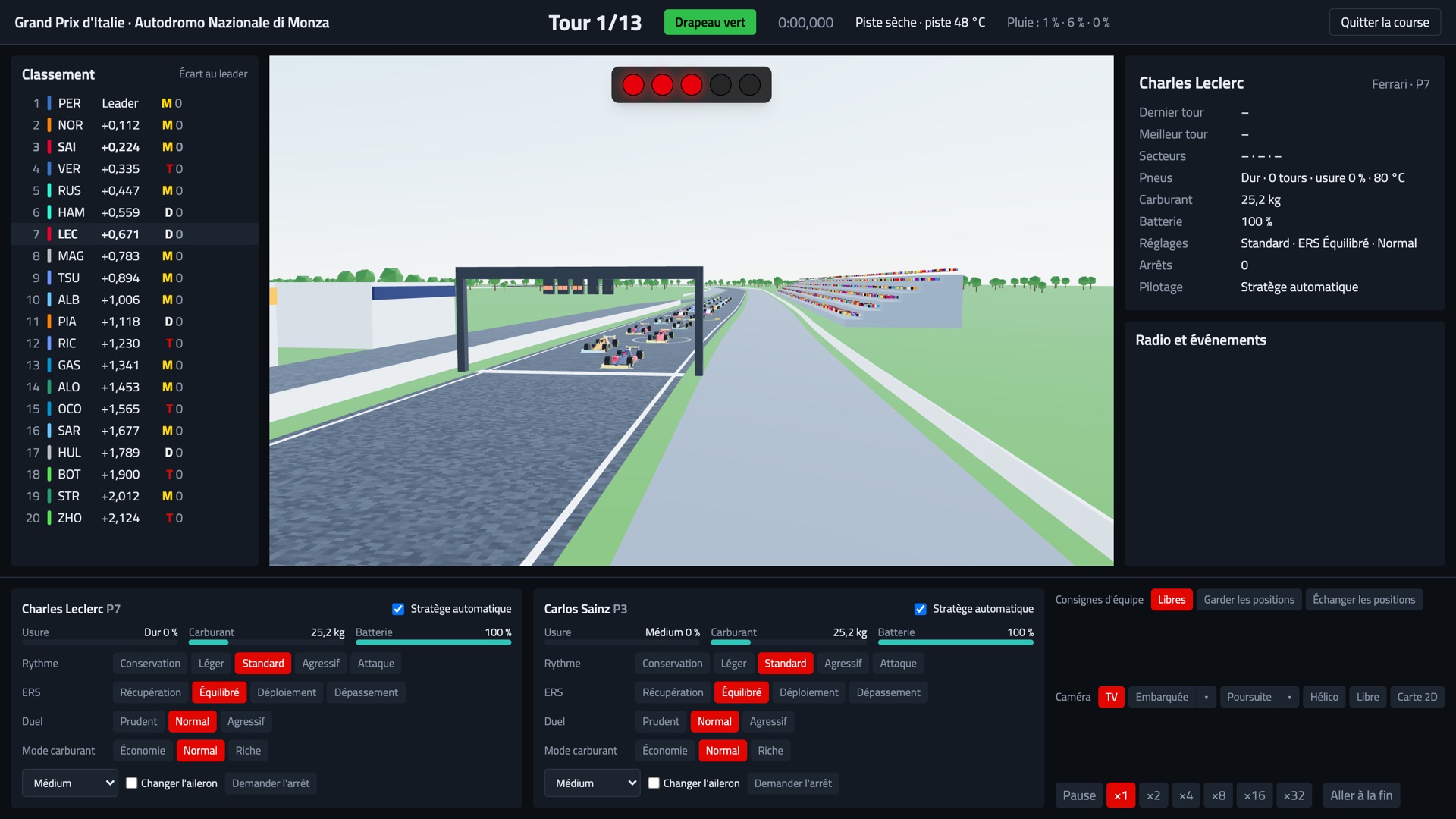 Grille de départ du Grand Prix d’Italie à Monza dans F1 Manager, avec trois feux sur cinq allumés