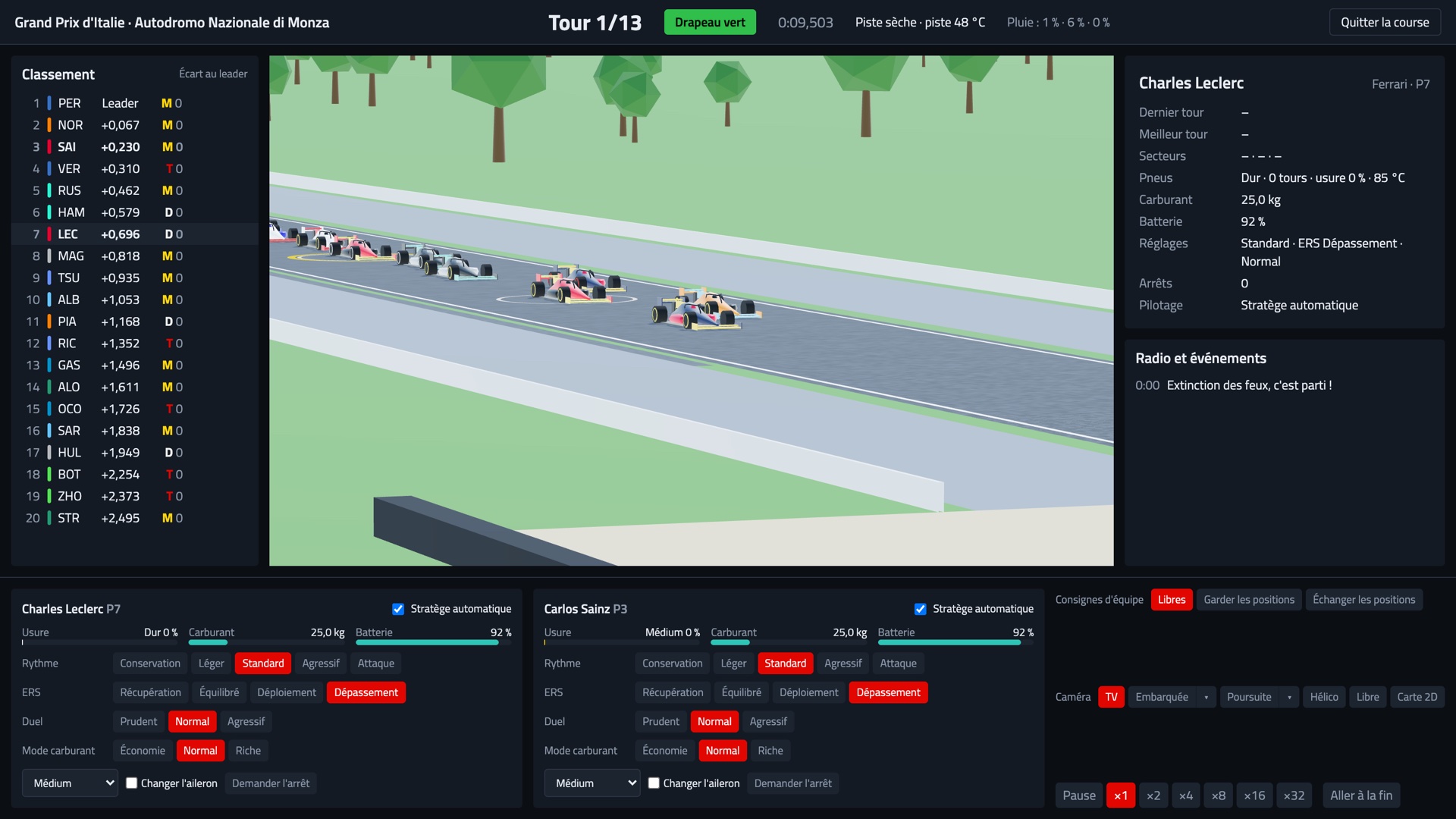 Le peloton de F1 Manager s’élance à Monza juste après l’extinction des feux