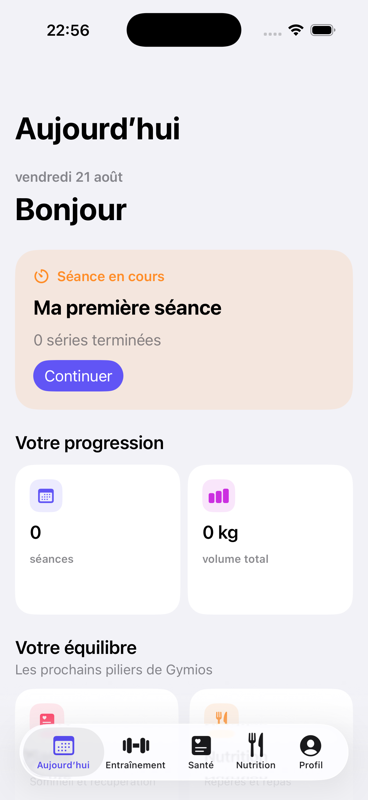 Customisable Gymios home screen on iPhone