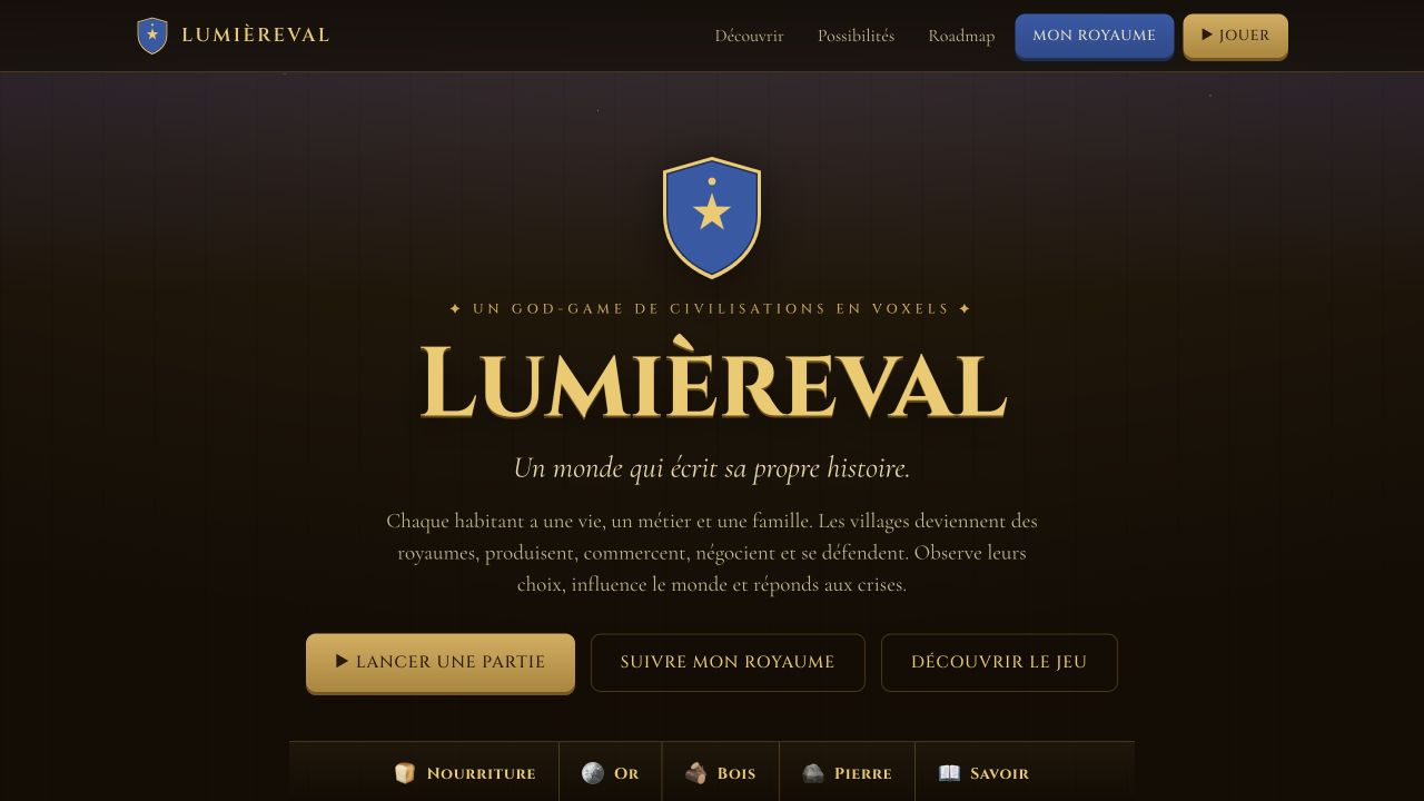 Page d'accueil de Lumièreval avec son blason et les boutons pour jouer
