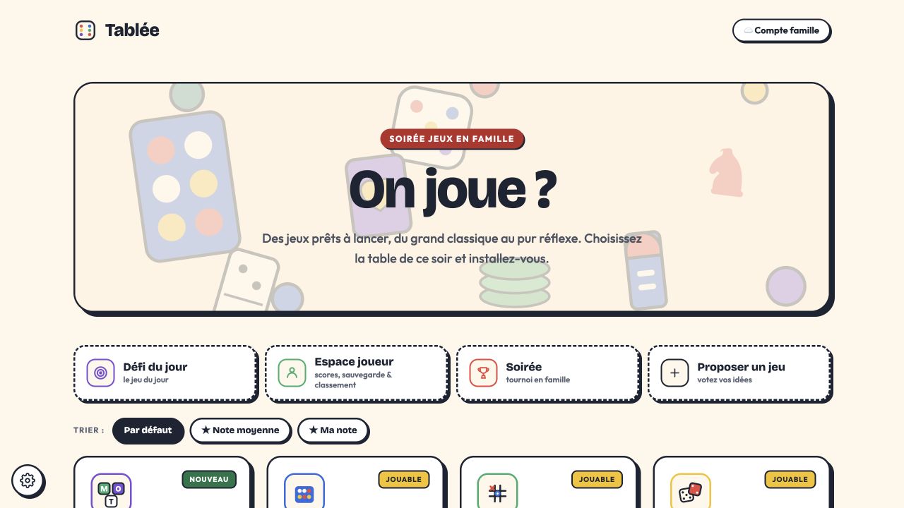 Accueil de Tablée avec son catalogue de jeux en famille