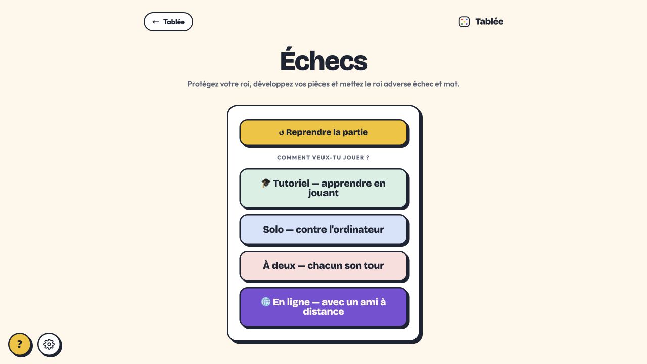 Écran de choix du mode de jeu pour les échecs sur Tablée