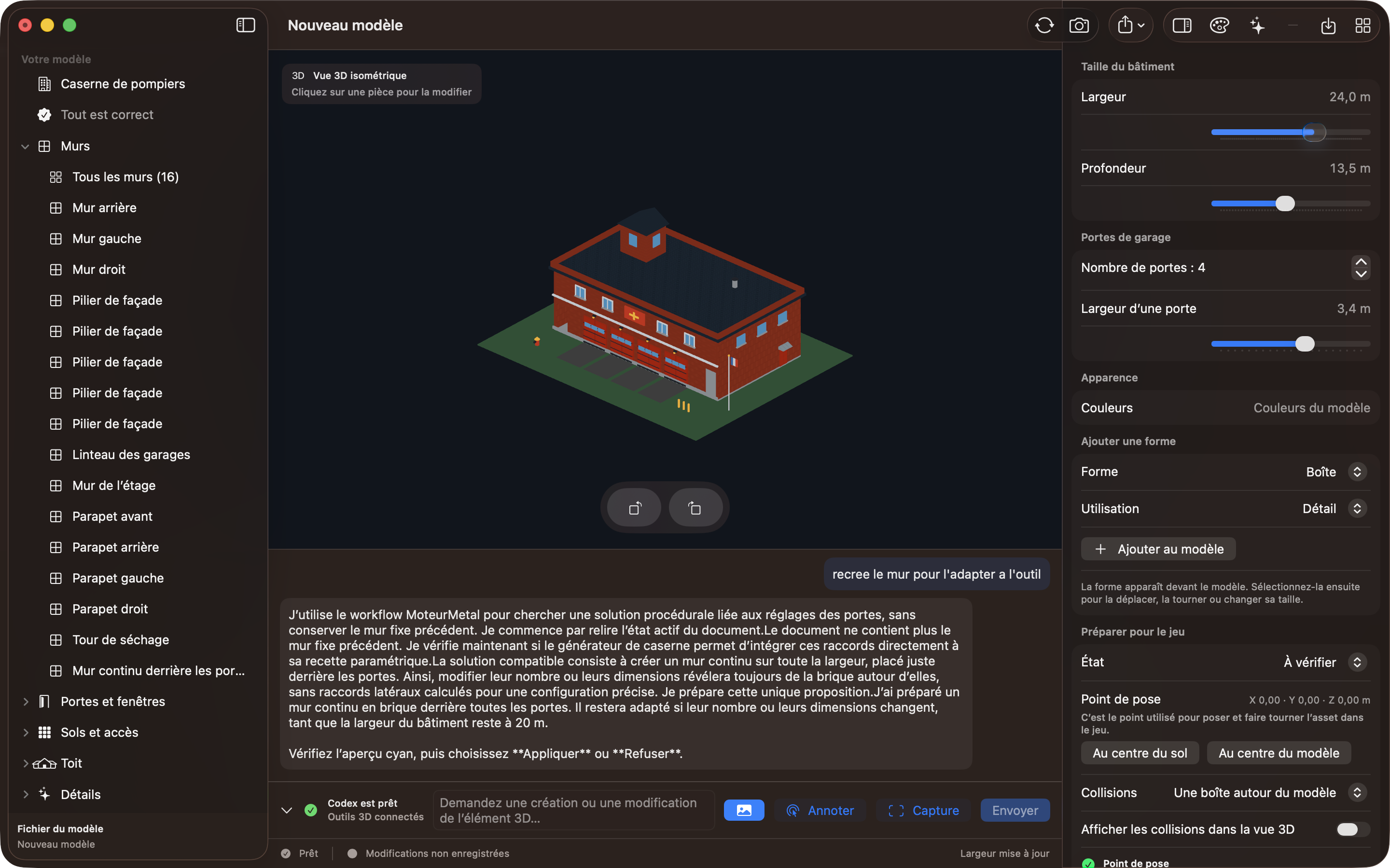Codex intégré directement sous la vue 3D de MoteurMetal, sans bureau en arrière-plan